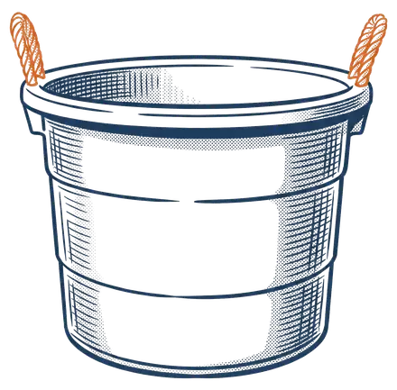 Engraving-style line drawing of the Portal, an 18-gallon bucket with rope handles