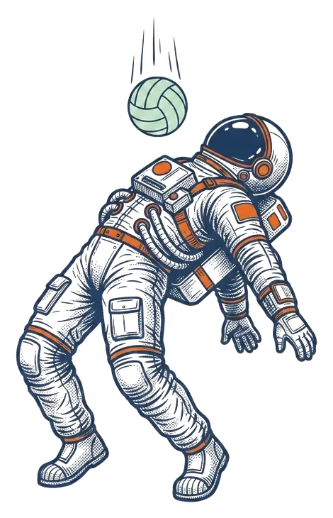 Engraving-style astronaut arched back, chest popping a falling ball