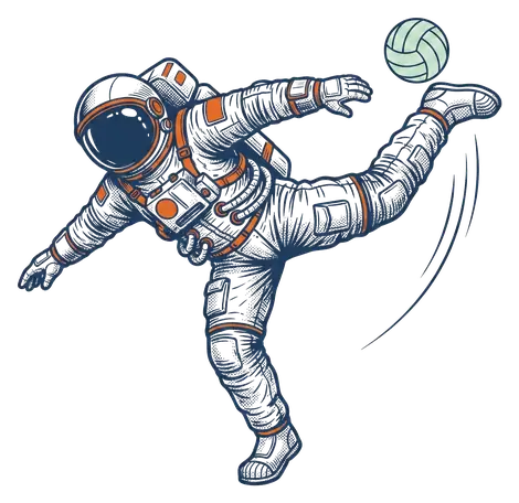 Engraving-style astronaut performing a scorpion kick, striking the ball behind their head