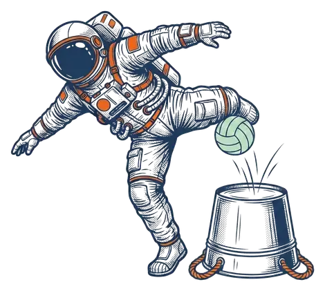 Engraving-style astronaut guiding the ball with their boot onto an upside-down bucket